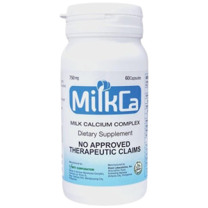 MilkCa calcium supplement bottle para sa buto, ngipin, at daily nourishment support.